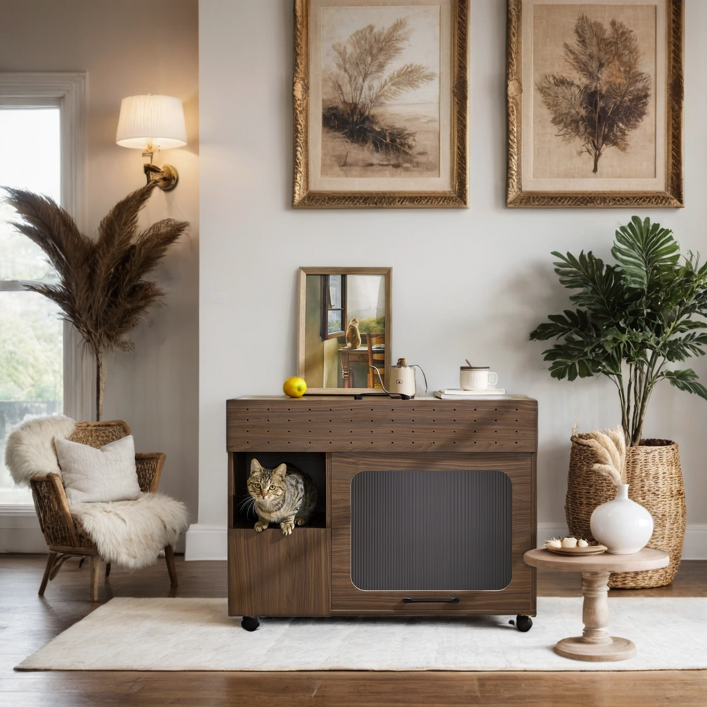 Furniture Style Multi-Use Cat Litter Box House with Storage